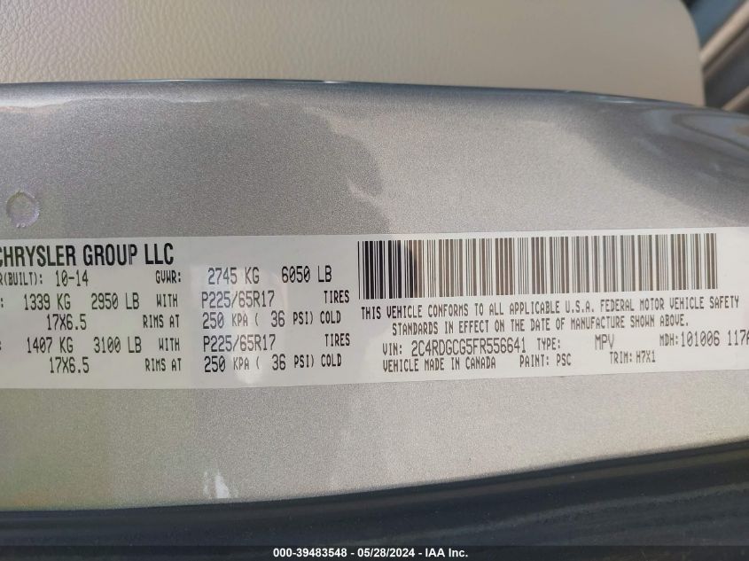 2015 Dodge Grand Caravan Sxt VIN: 2C4RDGCG5FR556641 Lot: 39483548