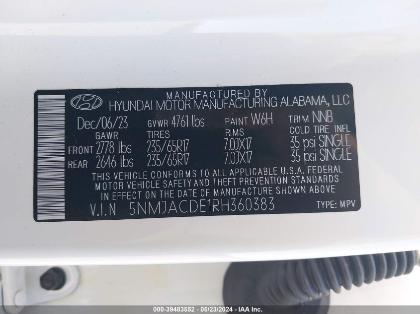 2024 Hyundai Tucson Se VIN: 5NMJACDE1RH360383 Lot: 39483552