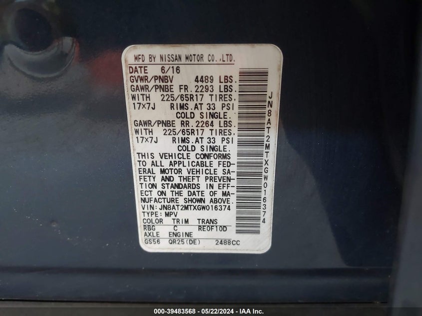 2016 Nissan Rogue S VIN: JN8AT2MTXGW016374 Lot: 39483568