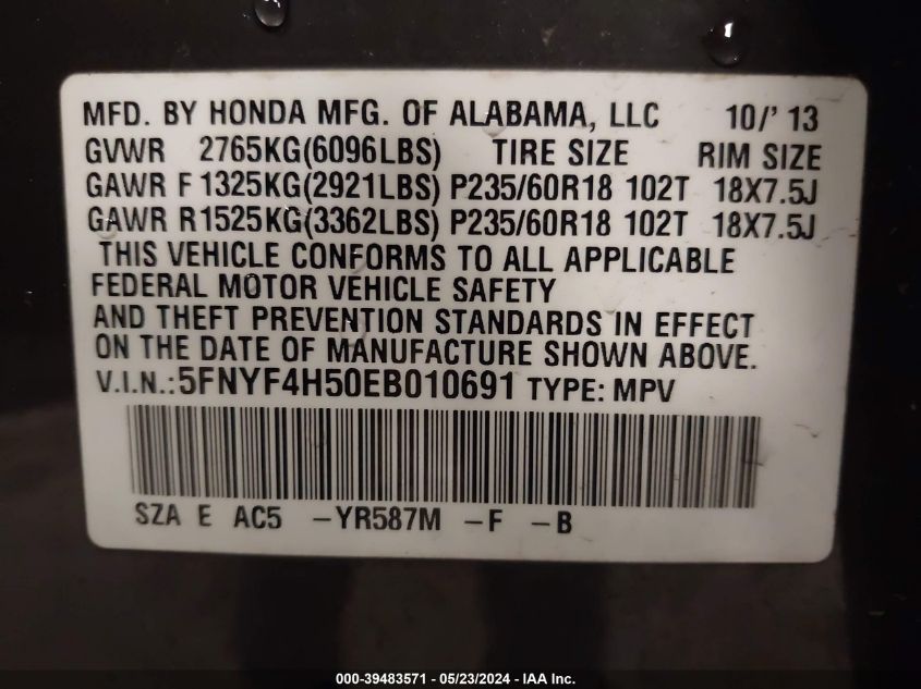 2014 Honda Pilot Ex-L VIN: 5FNYF4H50EB010691 Lot: 39483571
