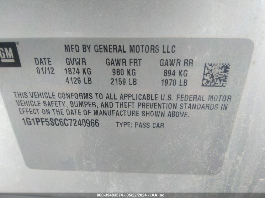 2012 Chevrolet Cruze 1Lt VIN: 1G1PF5SC6C7240966 Lot: 39483574