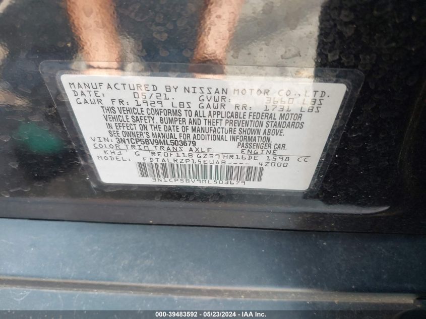 2021 Nissan Kicks S Xtronic Cvt VIN: 3N1CP5BV9ML503679 Lot: 39483592