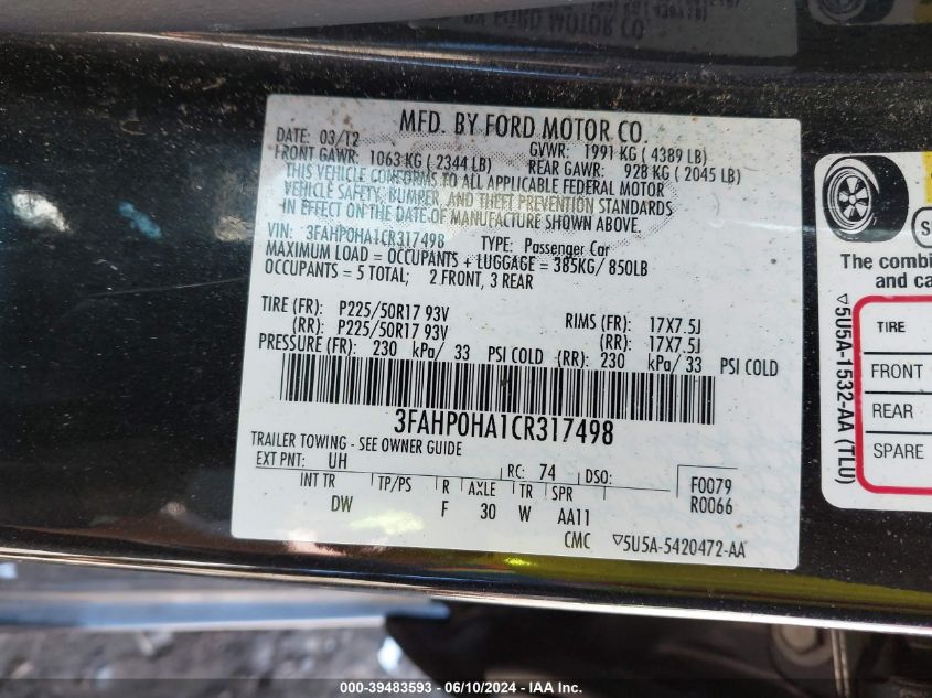 2012 Ford Fusion Se VIN: 3FAHP0HA1CR317498 Lot: 39483593