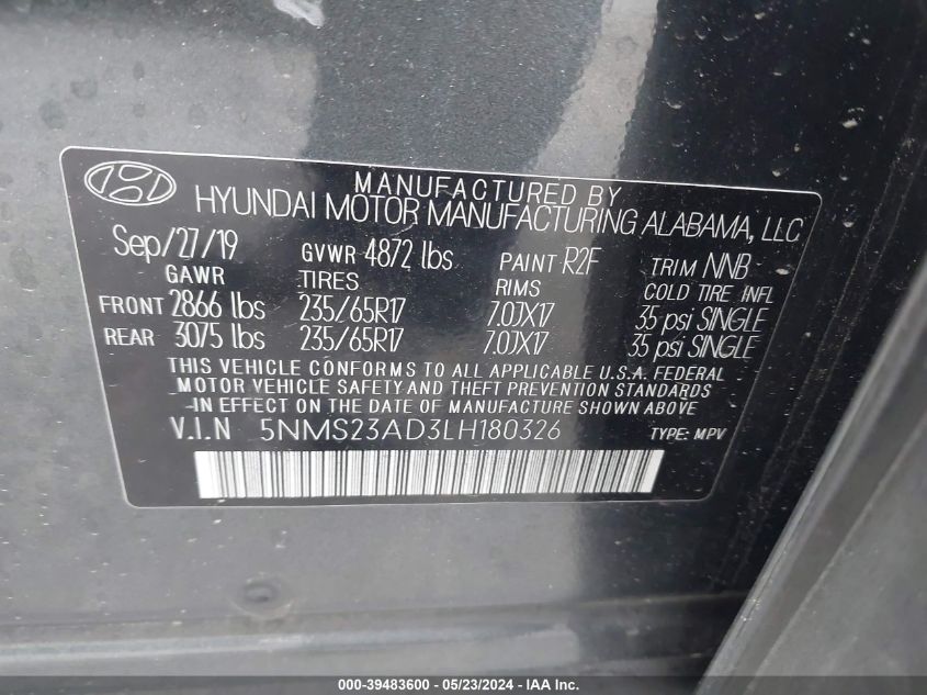 2020 Hyundai Santa Fe Se VIN: 5NMS23AD3LH180326 Lot: 39483600