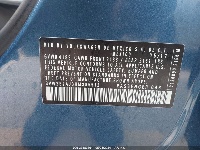 2017 Volkswagen Jetta 1.4T S VIN: 3VW2B7AJ3HM395512 Lot: 39483601