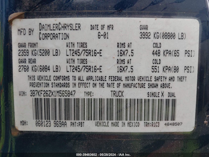2001 Dodge Ram 2500 St VIN: 3B7KF26ZX1M565847 Lot: 39483602