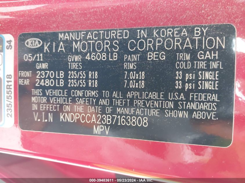 2011 Kia Sportage Ex VIN: KNDPCCA23B7163808 Lot: 39483611