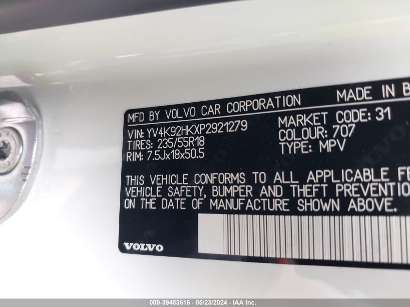 2023 Volvo Xc40 B4 Core VIN: YV4K92HKXP2921279 Lot: 39483616