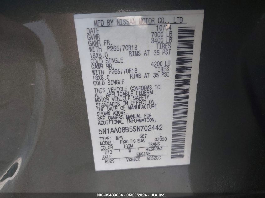 2005 Nissan Armada Se/Le VIN: 5N1AA08B55N702442 Lot: 39483624