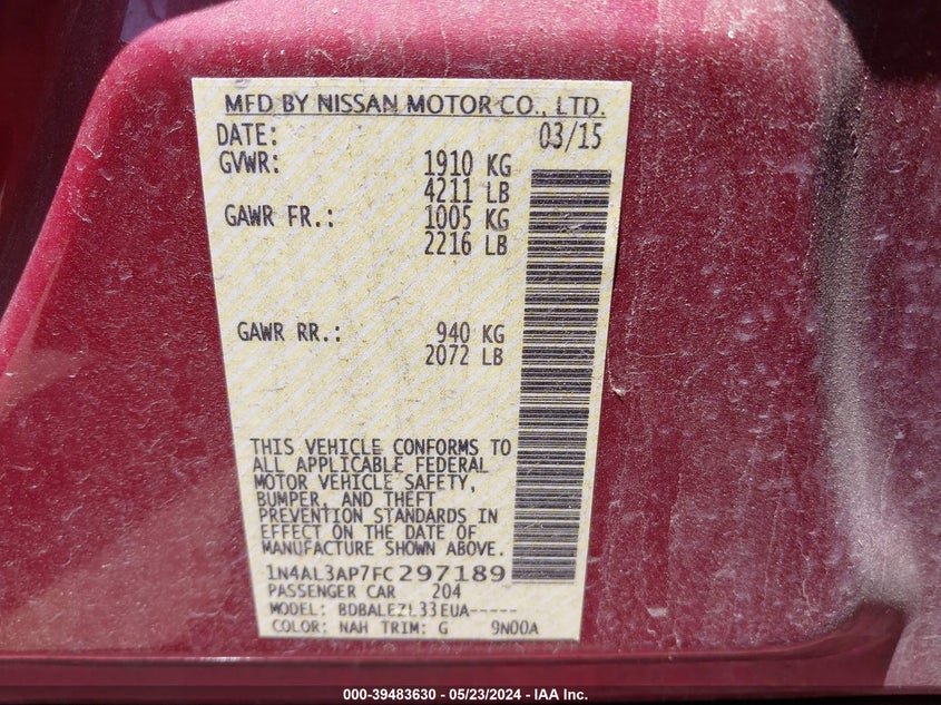 2015 Nissan Altima 2.5/2.5 S/2.5 Sl/2.5 Sv VIN: 1N4AL3AP7FC297189 Lot: 39483630