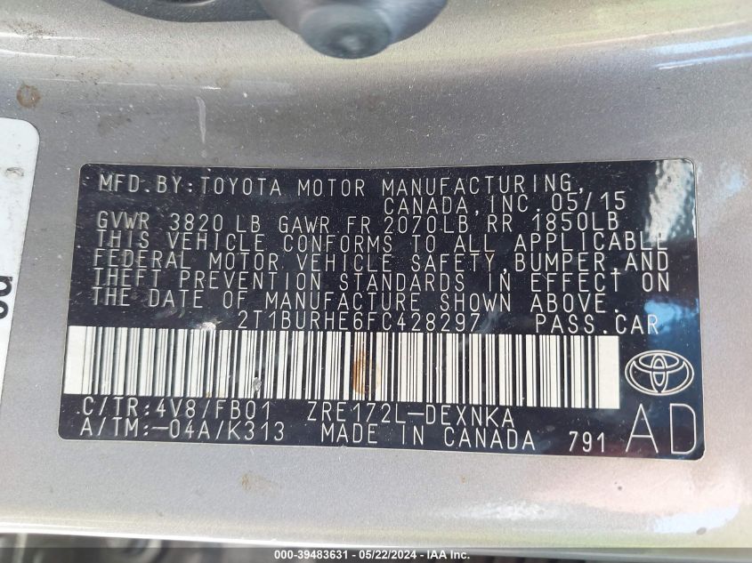 2015 Toyota Corolla Le VIN: 2T1BURHE6FC428297 Lot: 39483631