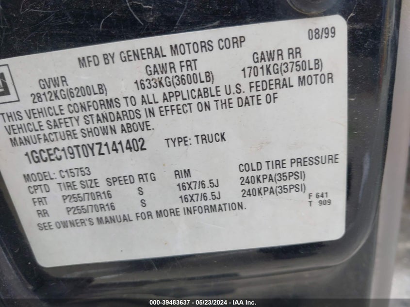 2000 Chevrolet Silverado 1500 Ls VIN: 1GCEC19T0YZ141402 Lot: 39483637