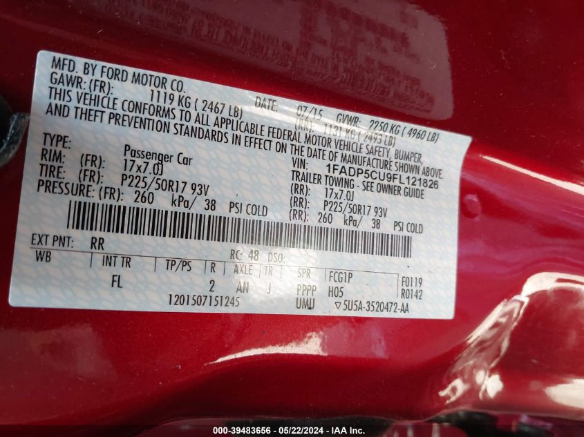 2015 Ford C-Max Energi Sel VIN: 1FADP5CU9FL121826 Lot: 39483656