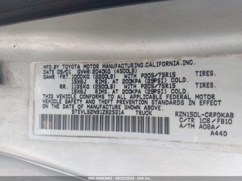 2001 Toyota Tacoma VIN: 5TEVL52N91Z825314 Lot: 39483663