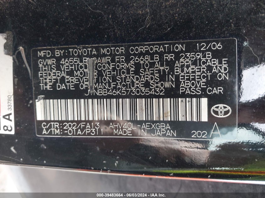 2007 Toyota Camry Hybrid VIN: JTNBB46K573035432 Lot: 39483664
