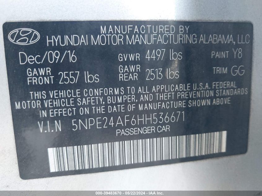 2017 Hyundai Sonata VIN: 5NPE24AF6HH536671 Lot: 39483670