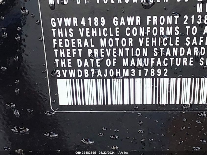 2017 Volkswagen Jetta 1.4T Se VIN: 3VWDB7AJ0HM317892 Lot: 39483695