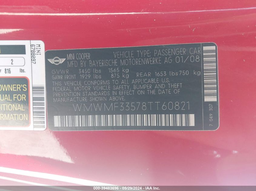 2008 Mini Cooper VIN: WMWMF33578TT60821 Lot: 39483696