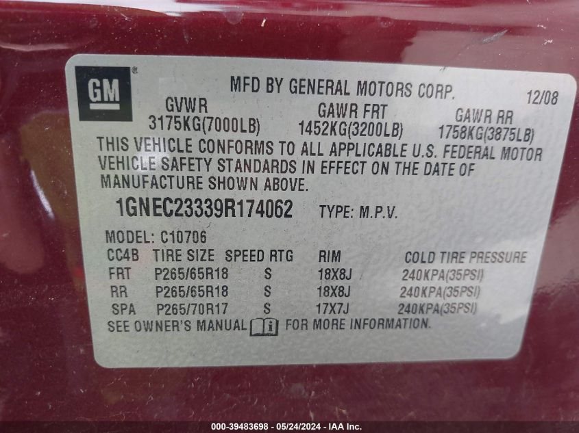 2009 Chevrolet Tahoe Lt1 VIN: 1GNEC23339R174062 Lot: 39483698