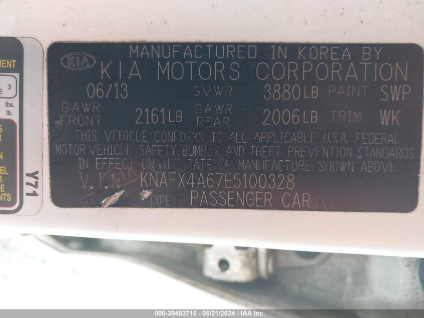 2014 Kia Forte Lx VIN: KNAFX4A67E5100328 Lot: 39483715