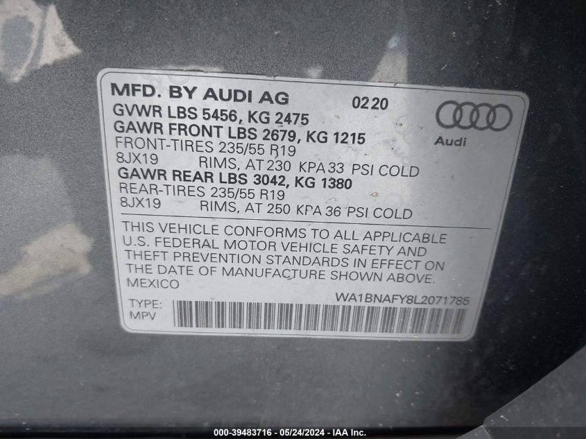 2020 Audi Q5 Premium Plus 45 Tfsi Quattro S Tronic VIN: WA1BNAFY8L2071785 Lot: 39483716