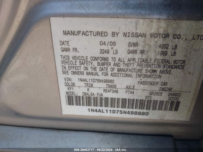 2005 Nissan Altima 2.5 S VIN: 1N4AL11D75N498880 Lot: 39483717