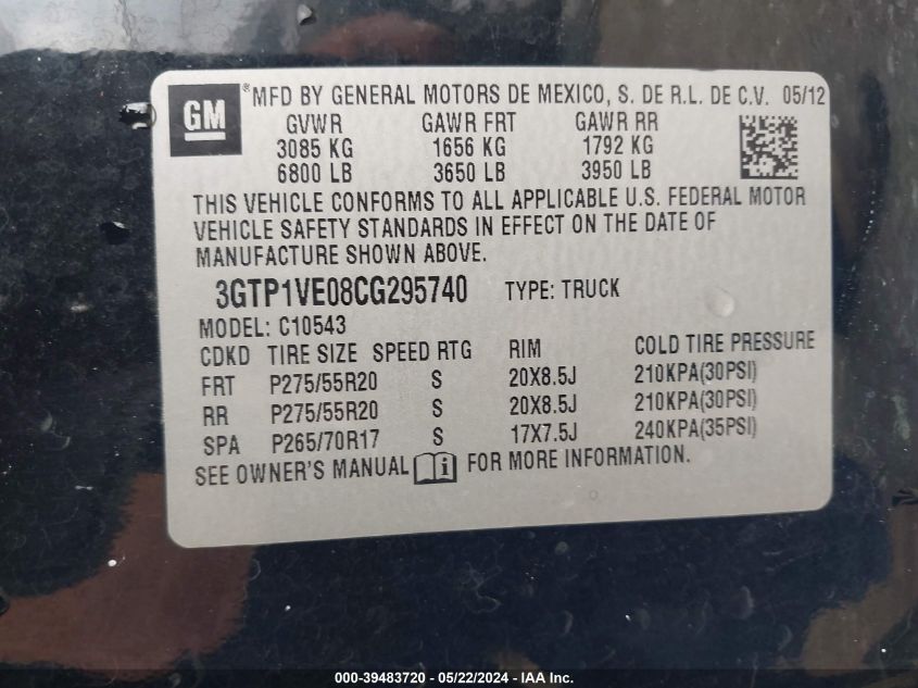 2012 GMC Sierra 1500 Sle VIN: 3GTP1VE08CG295740 Lot: 39483720