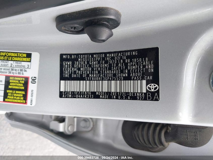 2016 Toyota Corolla Le VIN: 5YFBURHE3GP475529 Lot: 39483728