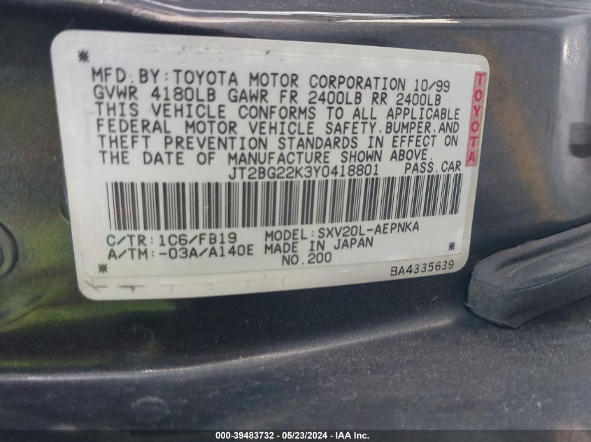 2000 Toyota Camry Le VIN: JT2BG22K3Y0418801 Lot: 39483732