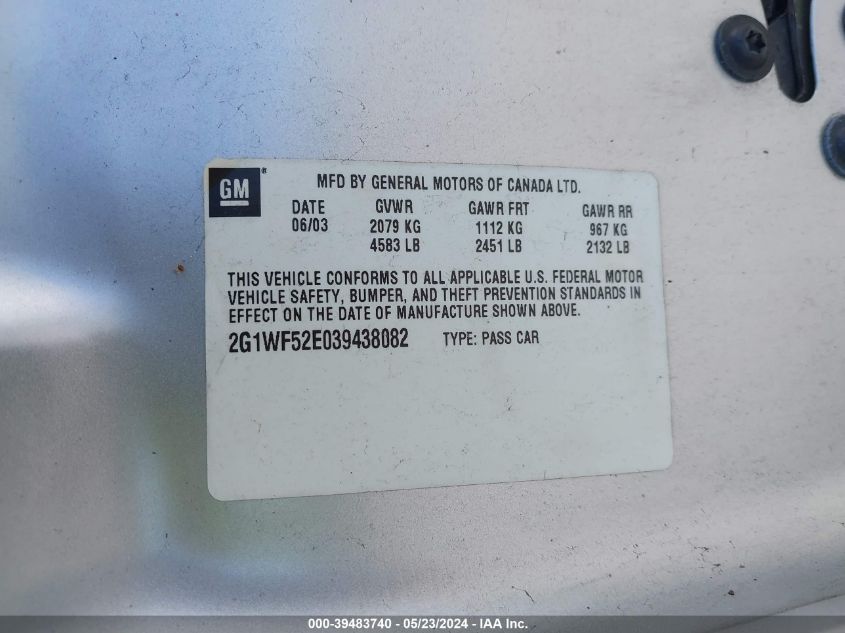 2003 Chevrolet Impala VIN: 2G1WF52E039438082 Lot: 39483740