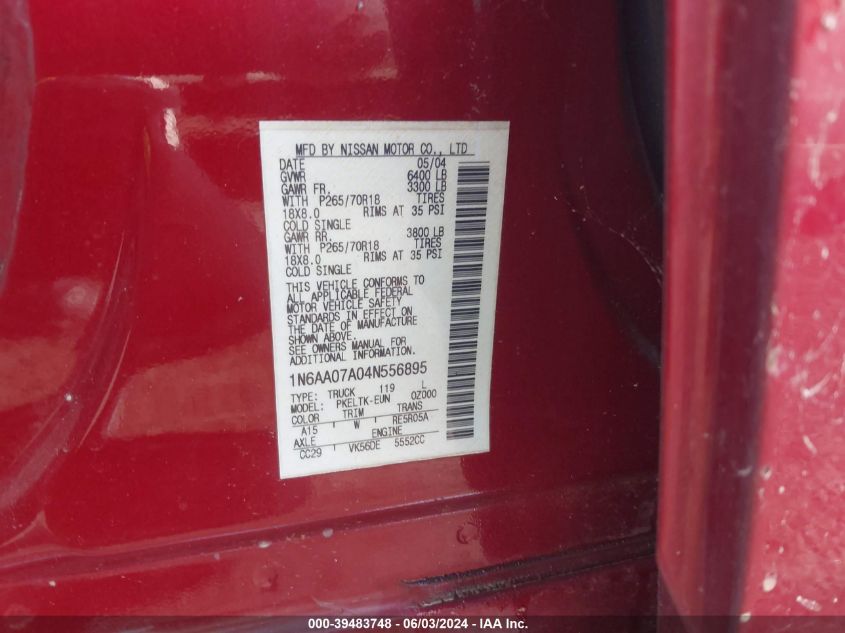 2004 Nissan Titan Se VIN: 1N6AA07A04N556895 Lot: 39483748