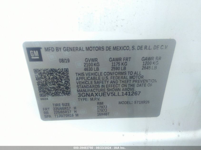 2020 Chevrolet Equinox Awd Lt 1.5L Turbo VIN: 3GNAXUEV5LL141267 Lot: 39483750