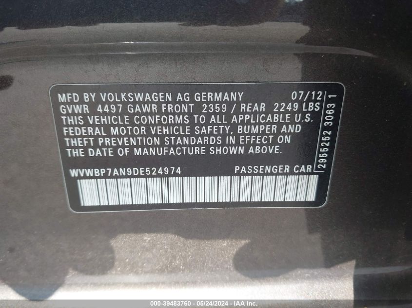 2013 Volkswagen Cc 2.0T Sport VIN: WVWBP7AN9DE524974 Lot: 39483760