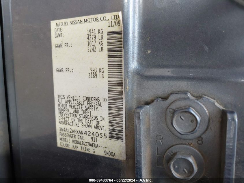 2010 Nissan Altima 2.5 S VIN: 1N4AL2APXAN424055 Lot: 39483764