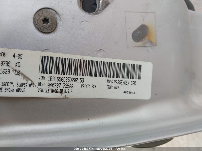 2005 Dodge Neon Sxt VIN: 1B3ES56C35D202153 Lot: 39483774