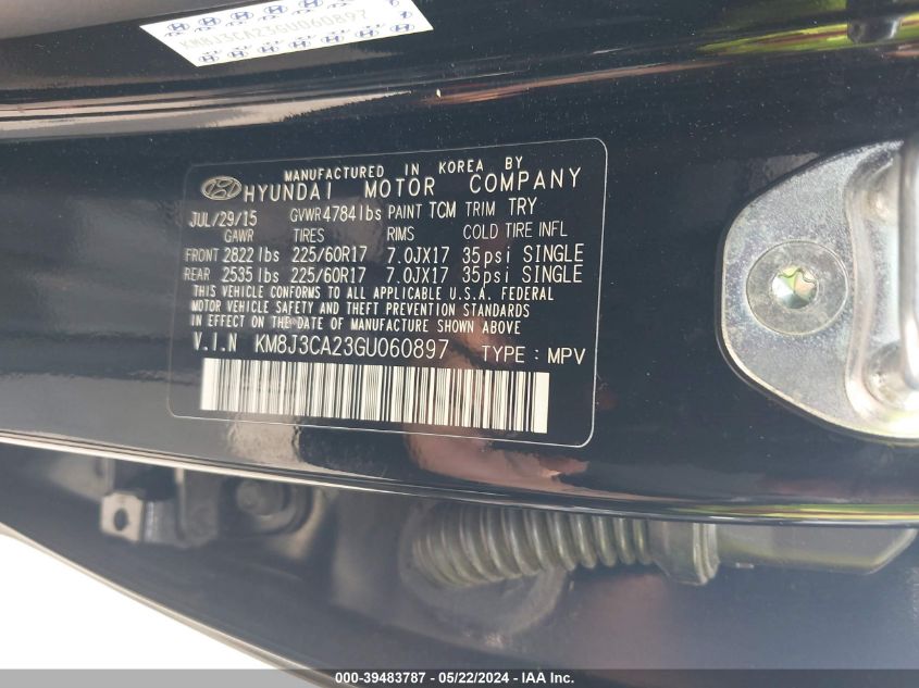 2016 Hyundai Tucson Eco VIN: KM8J3CA23GU060897 Lot: 39483787