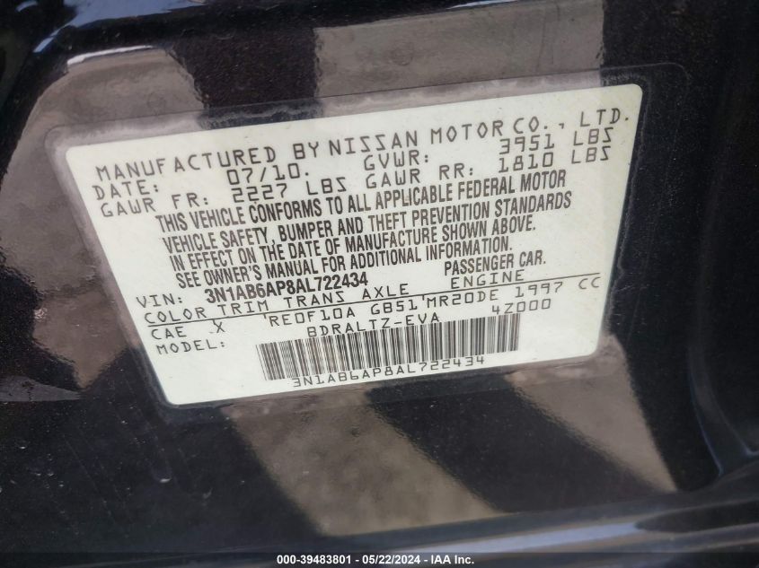 2010 Nissan Sentra 2.0S VIN: 3N1AB6AP8AL722434 Lot: 39483801