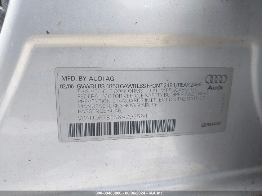 2006 Audi A4 2.0T VIN: WAUDF78E56A205564 Lot: 39483806