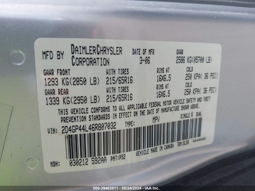 2006 Dodge Grand Caravan Sxt VIN: 2D4GP44L46R807032 Lot: 39483811