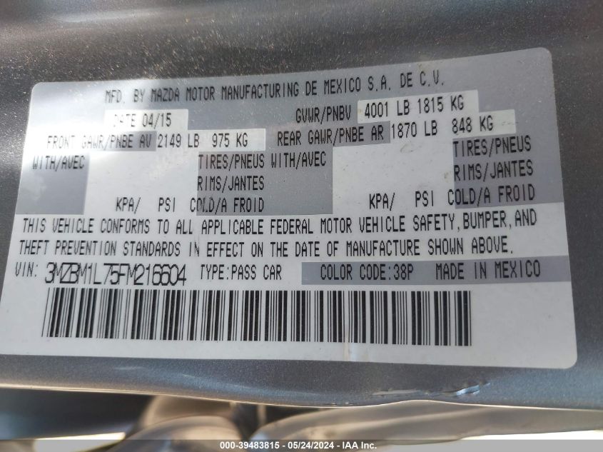 2015 Mazda Mazda3 I Touring VIN: 3MZBM1L75FM216604 Lot: 39483815