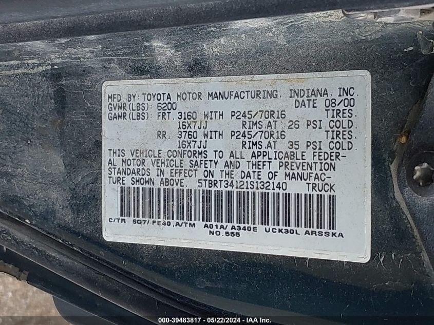 2001 Toyota Tundra Sr5 V8 VIN: 5TBRT34121S132140 Lot: 39483817