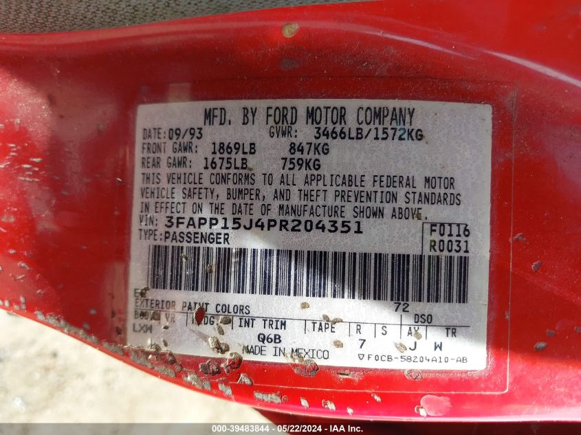 1993 Ford Escort Lx VIN: 3FAPP15J4PR204351 Lot: 39483844