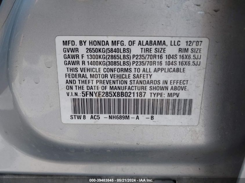 2008 Honda Pilot Ex-L VIN: 5FNYF285X8B021187 Lot: 39483845