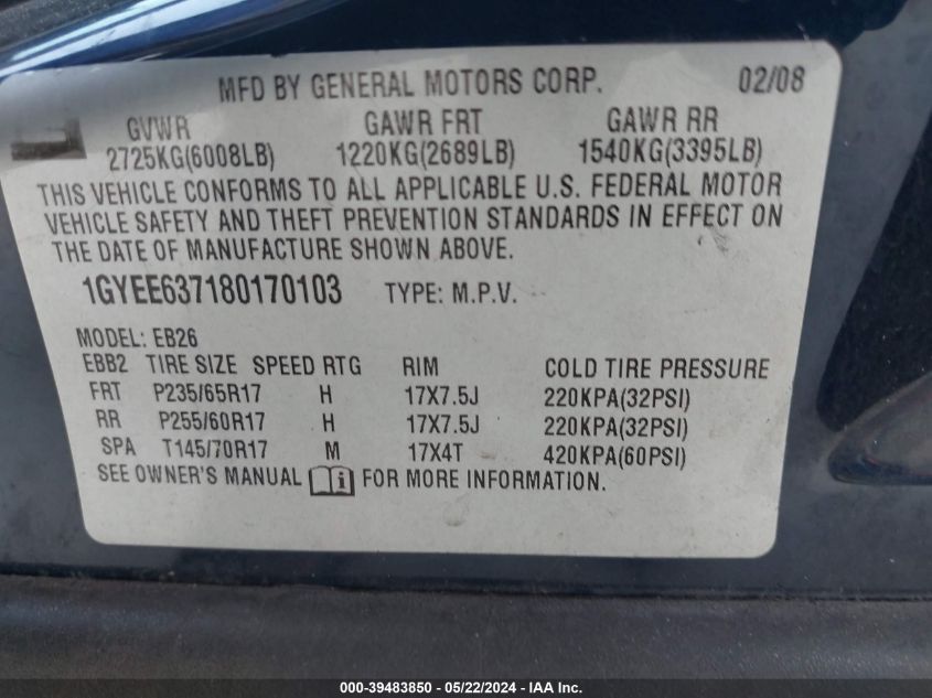 2008 Cadillac Srx V6 VIN: 1GYEE637180170103 Lot: 39483850