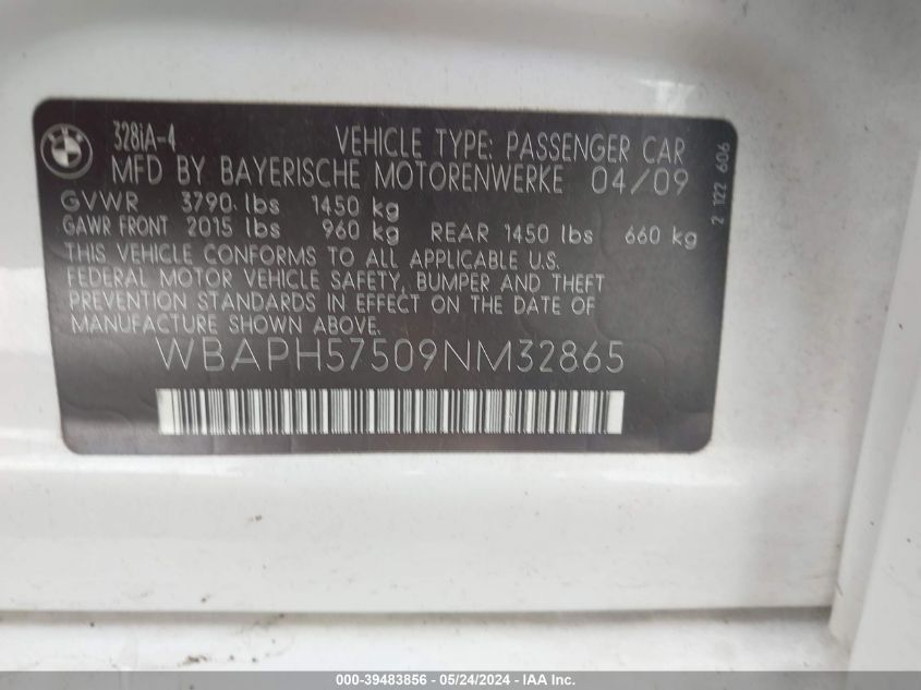 2009 BMW 328I VIN: WBAPH57509NM32865 Lot: 39483856