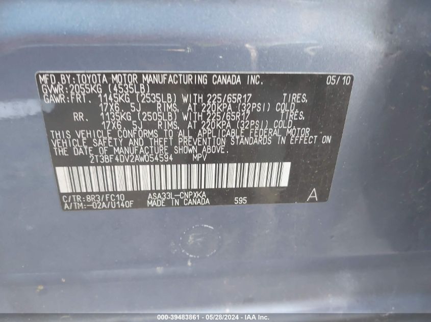 2010 Toyota Rav4 VIN: 2T3BF4DV2AW054594 Lot: 39483861