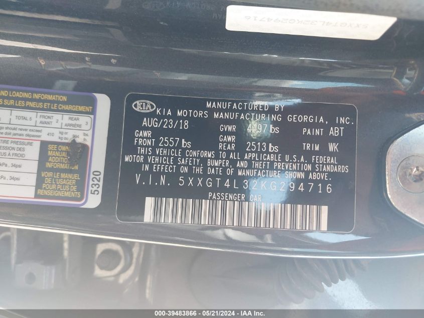 2019 Kia Optima S VIN: 5XXGT4L32KG294716 Lot: 39483866