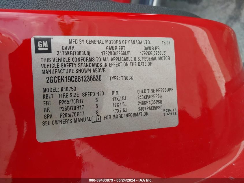 2008 Chevrolet Silverado 1500 Lt1 VIN: 2GCEK19C881236530 Lot: 39483879