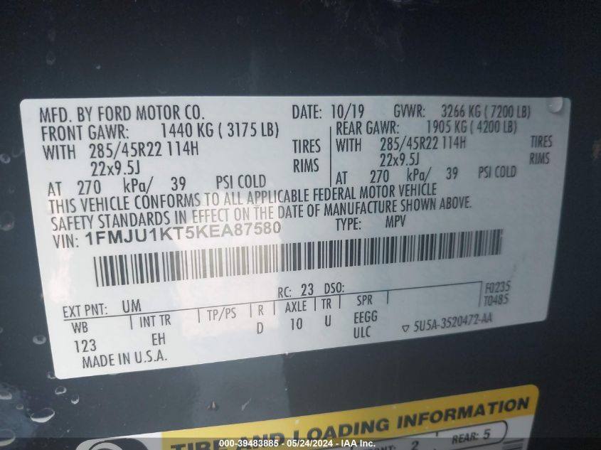 2019 Ford Expedition Limited VIN: 1FMJU1KT5KEA87580 Lot: 39483885