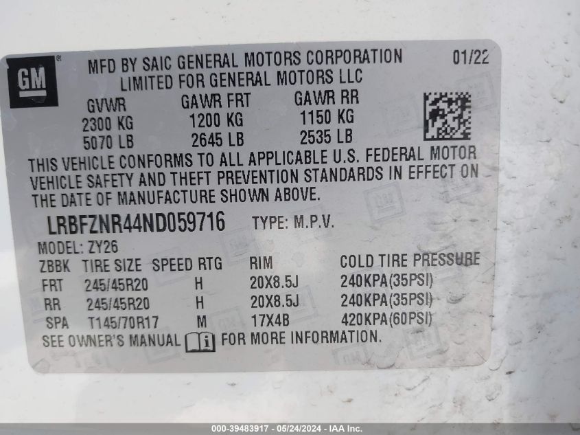 2022 Buick Envision Fwd Essence VIN: LRBFZNR44ND059716 Lot: 39483917